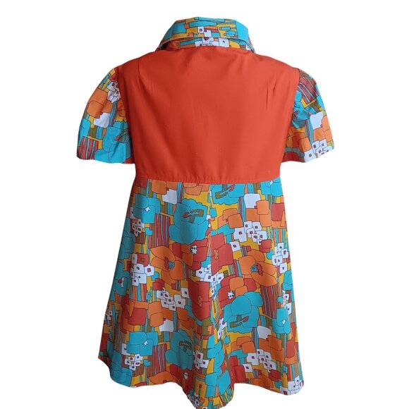 M/L 1OF1 Vintage 1960's Max Abstract Print Frock Top Dress Dayglo Orange Mod - Picture 4 of 9